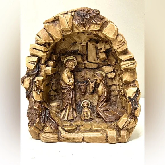 Mid Century Vintage Composite Grotto Enclave Christian Christmas Nativity Scene